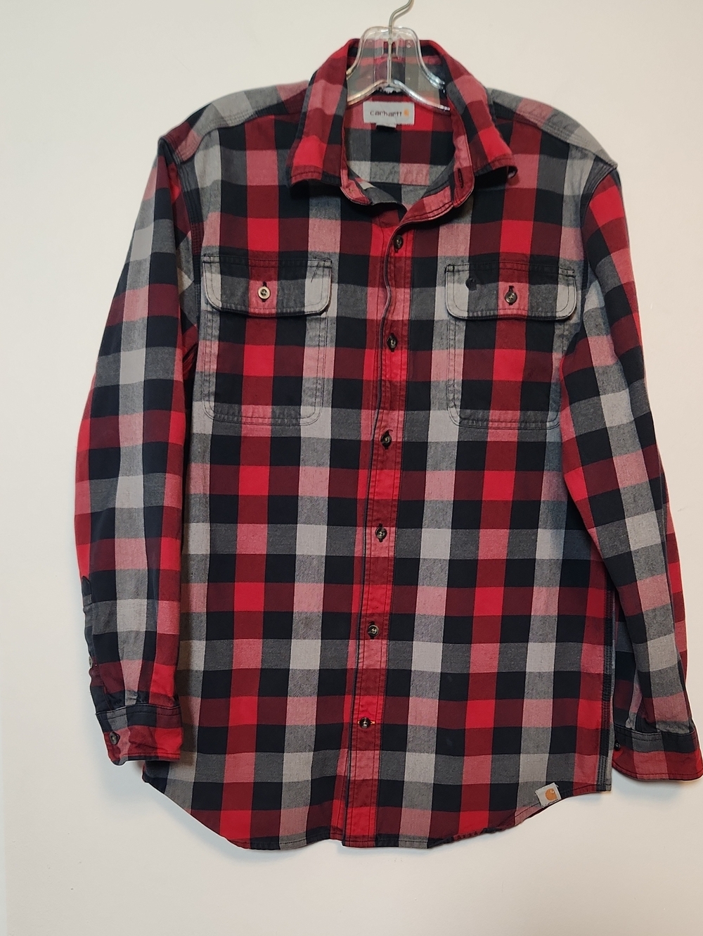 Carhartt Red, Black and Gray Plaid Tick Cotton Button-Down Shirt Men's M